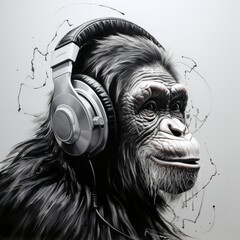 gorilla in headphones. black and white illustration