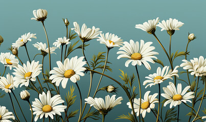 Drawn daisies on a green background, close-up.