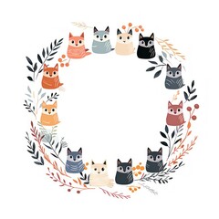 cute cats drawn illustration arranged in a circle with an empty space inside the circle in the middle. concept: pets, cats, postcard, advertising,