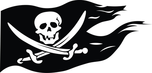 Cartoon Black and White Isolated Illustration Vector Of A Waving Pirate Flag with Skull and Crossed Swords - obrazy, fototapety, plakaty