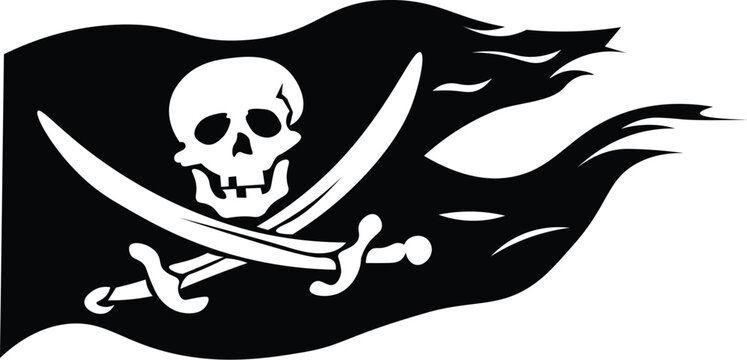 Cartoon Black and White Isolated Illustration Vector Of A Waving Pirate Flag with Skull and Crossed Swords