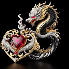 Beautiful elegant jewelry in the shape of a dragon with precious stones, rubies, sapphires, emeralds, ivory, gold and platinum  generated by artificial intelligence
