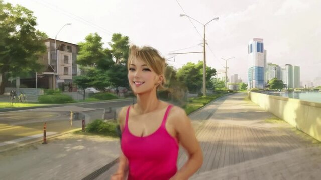 Runner woman jogging in city exercising outdoors. Sportswoman wearing fitness tracker bracelet and listening to music while training in the city. Anime girl. Generative AI