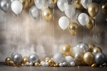 Fototapeta na wymiar Celebration Wall Backdrop With Balloons and Streamers