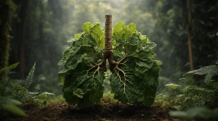 Green lungs are made out of leaves and plants. A plant forms a lung. Clean air concept. Air pollution concept. Generative AI. - obrazy, fototapety, plakaty