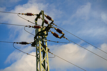 High voltage power line pole in the countryside