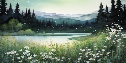 mountain lake daisies trees foreground visual novel snowflakes streaming open window background studio illustration longest night frozen pale greens whites peaceful swamps - obrazy, fototapety, plakaty