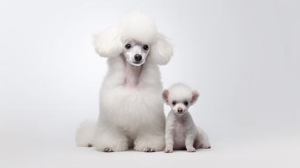 Smart white Poodle with puppy