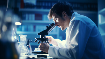 male scientist working with microscope in laboratory