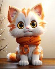 Fototapeta premium cute orange and white calico cat wearing a scarf, cartoon like