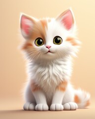 Fototapeta na wymiar cute, chibi, orange and white calico cat, solid whie background, 