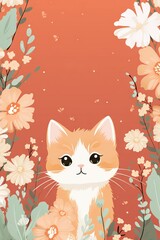 cute kawaii orange and white calico cat, flowers around, for background, kawaii style  