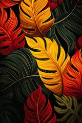 closeup leaves jungle nature bold natural color vibrant destroyed lustful vegetation oranges reds yellows - obrazy, fototapety, plakaty
