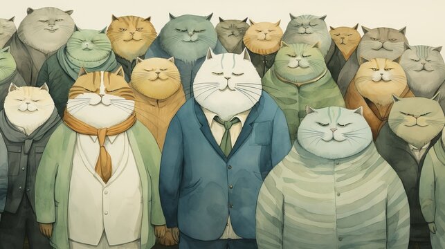 whimsical march of 100 fat cats, cartoon, in sage green, sea breeze blue, 