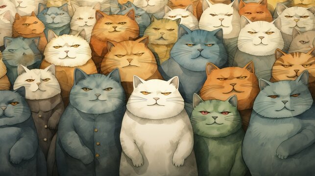 whimsical march of 100 fat cats in sage green, looking smug