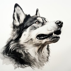 minimalist one-line pen drawing on white background of a siberian husky looking up 