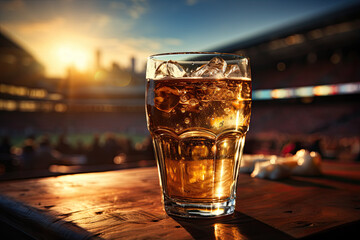 Refreshing drink with ice on wooden table at stadium at sunset