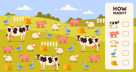 How many game template. Farming and agriculture with cows and pigs, sheeps. Educational material for children. Development counting skills for kids. Cartoon flat vector illustration - obrazy, fototapety, plakaty