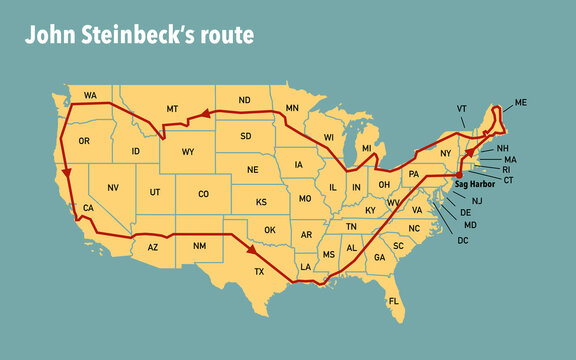 John Steinbeck's route in Travels with Charley
