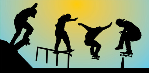 silueta, vector, gente, deporte, brincar, skate