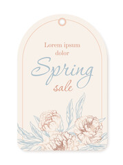 Label flowers boutique concept. White square tag with spring sale. Discounts and promotions. Marketing and commerce. Template and layout. Cartoon flat vector illustration isolated on white background