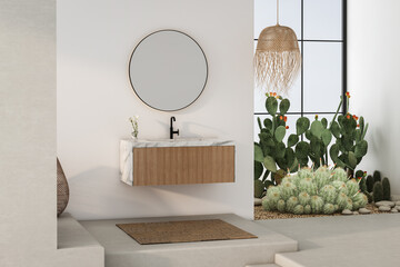 Modern minimalist bathroom interior, modern bathroom cabinet, marble basin, wooden vanity, interior plants, bathroom accessories, white walls, concrete floor.