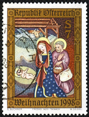 Postage stamp Austria 1998 The stable of Bethlehem, fresco from Tainach church by unknown artist, Carinthia, Christmas