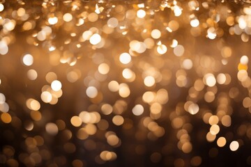Christmas glowing Golden Background. Christmas lights. Gold Holiday New year Abstract Glitter...