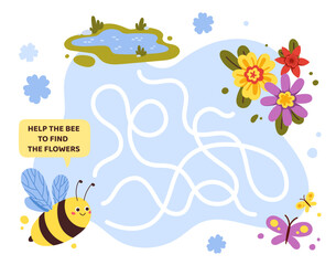 Maze game template. Bees and flowers line path. Labyrinth in spring. Educational materials for children. Logical skills development for kids. Poster or banner. Cartoon flat vector illustration