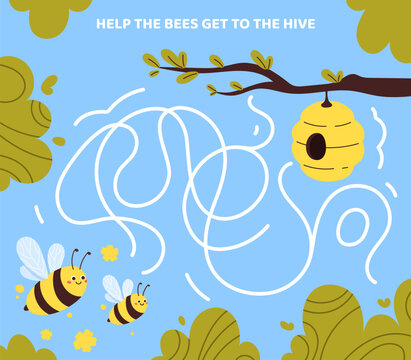 Maze game template. Bees and hive line path. Labyrinth with apiary. Educational materials for children. Logical skills development for kids. Poster or banner. Cartoon flat vector illustration