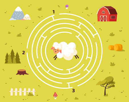 Maze game template. Sheep and barn line path. Cattle labirynth. Educational materials for children. Logical skills development for kids. Graphic element for website. Cartoon flat vector illustration