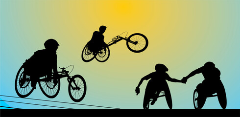 bici, silueta, deporte, vector, invalido, atleta, carrera - obrazy, fototapety, plakaty
