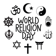 World Religion Day lettering inscription. Handwriting text banner for World Religion Day. Symbol of big religion of world. Hand drawn vector art.
