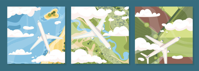 Plane aerial view posters set. Airplanes near sea and land. Flights and international travels, tourism. Holiday and vacation. Cartoon flat vector collection isolated on blue background © Mental Health