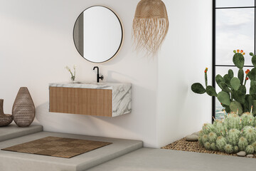 Modern minimalist bathroom interior, modern bathroom cabinet, marble basin, wooden vanity, interior...