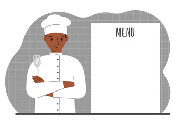 A chef in a cap stands next to a white sheet for placing a menu for a restaurant or cafe.