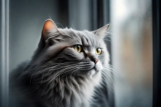 In this intriguing image, a fluffy gray cat is captured from behind a glass wall, its affectionate gesture of licking or nuzzling the surface evident. 