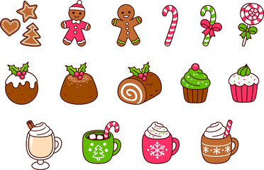 Traditional Christmas food: desserts, drinks, cookies and sweets. Kawaii hand drawn doodle icons. Cute cartoon illustration set.