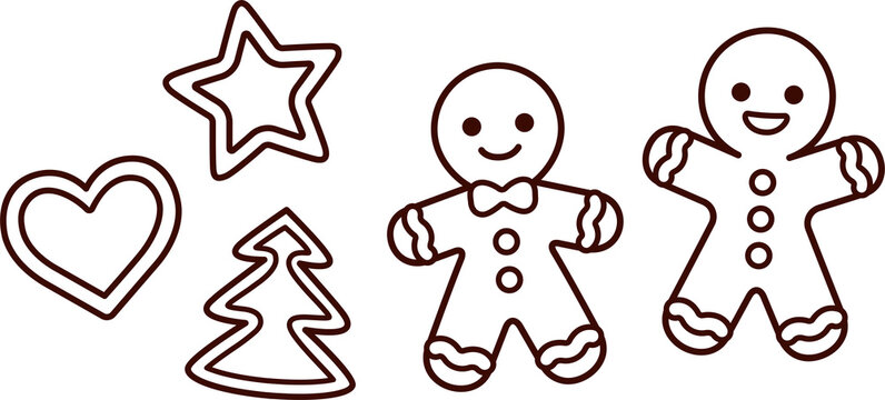 Traditional Christmas cookies set, gingerbread man and shapes. Black and white line art drawing for coloring. Simple cartoon illustration, hand drawn doodle. 