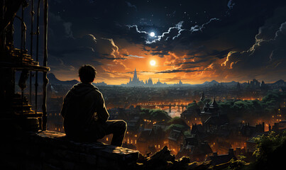 A young man sits on the roof of a house at night.