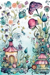 two houses flowers plants background princess day castles hut blue pink color ladybugs hortorium ink flourishes land brass beak lockbox