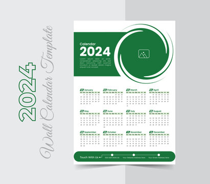 Single page modern wall calendar 2024 design template, happy new year 2024 calendar design, One Page Wall Calendar Design, A4 Size vector