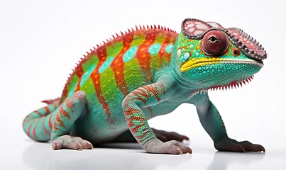 Fotobehang A colorful chameleon sits on a white background. © Andreas