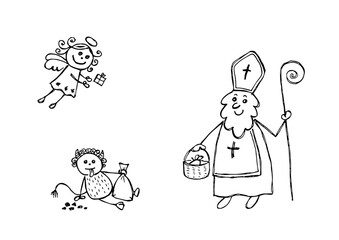 Saint Nicholas, angel and devil, hand drawn illustration