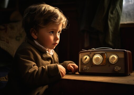 child looking old radio table ireland lux portrait archie music show young prince
