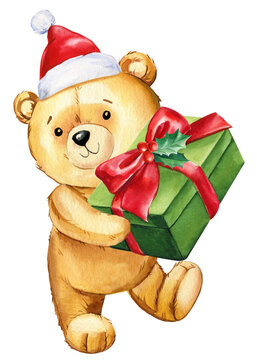 Christmas teddy bear and gift watercolor Hand Painted Illustration on a isolated white Background, Teddy in Santa hat