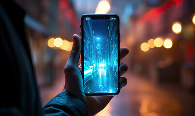 Mobile phone in a man's hand on a blurred background.