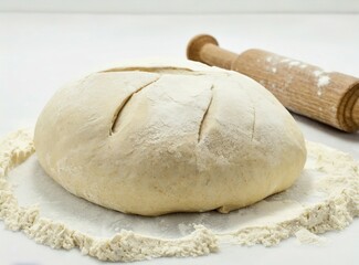 Fototapeta na wymiar Kneading Bread, Isolated bun and rolling pin
