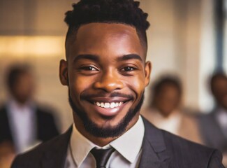 Fototapeta premium Black African elegant businessman work at office, for international successful company, smiling confident face expression closeup, business success concept.