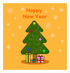 Beautiful Christmas tree with garlands for Happy New Year. There are snow-white snowflakes and gifts in the background. Used to design postcards, banners, stories, posts.